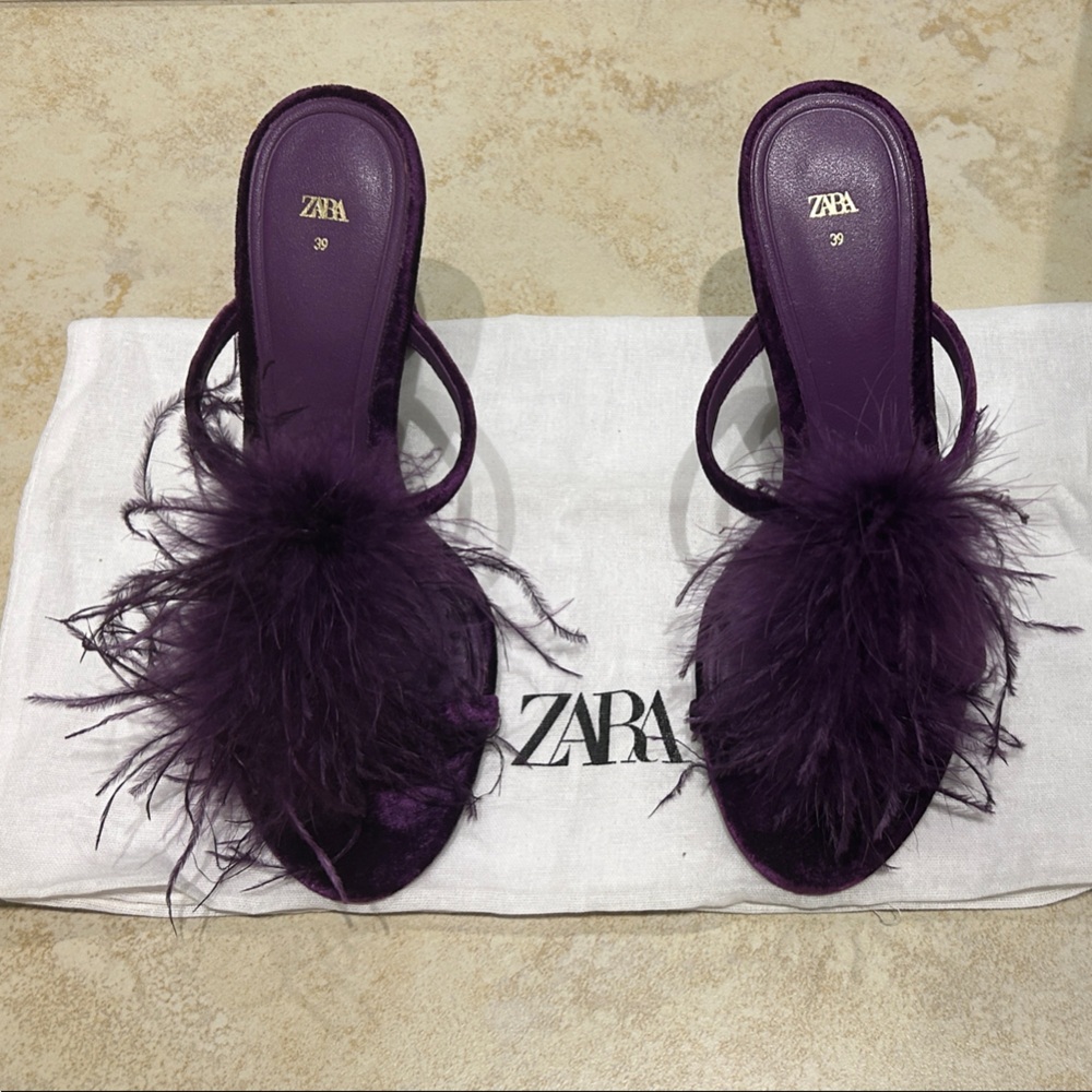 Zara Velvet Heels with Feather Detail